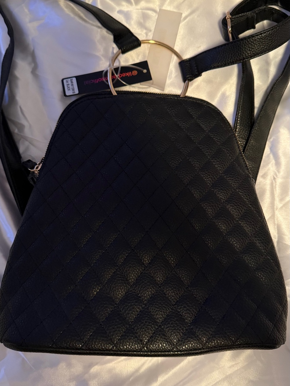 Black Quilted Women’s Purse Backpack Bag with Gold Ring Handle